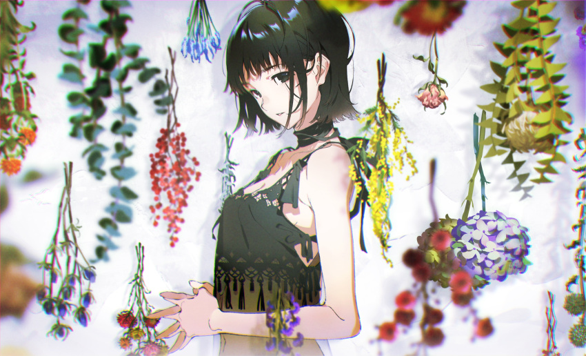 1girl absurdres antenna_hair bare_arms black_eyes black_hair blurry breasts brown_hair choker chromatic_aberration cleavage commentary depth_of_field english_commentary floral_background flower from_side herb_bundle highres hydrangea lace looking_at_viewer looking_to_the_side medium_breasts midriff mimosa_(flower) navel original own_hands_together parted_lips rose see-through short_hair sideboob sleeveless solo steepled_fingers strap_gap upper_body white_background yoneyama_mai