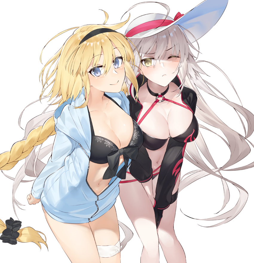 2girls ahoge bikini black_bikini black_choker black_gloves black_hairband black_jacket blonde_hair blue_eyes braid breasts choker cleavage commentary_request cropped_jacket eyebrows_visible_through_hair fate/grand_order fate_(series) front-tie_bikini front-tie_top gloves hair_between_eyes hairband hat hat_ribbon hayashi_kewi hood hooded_jacket jacket jeanne_d'arc_(alter_swimsuit_berserker) jeanne_d'arc_(fate)_(all) jeanne_d'arc_(swimsuit_archer) large_breasts long_braid looking_at_viewer multiple_girls navel o-ring o-ring_bikini o-ring_bottom o-ring_top red_ribbon ribbon shrug_(clothing) silver_hair single_braid smile sun_hat swimsuit thigh_strap white_background yellow_eyes