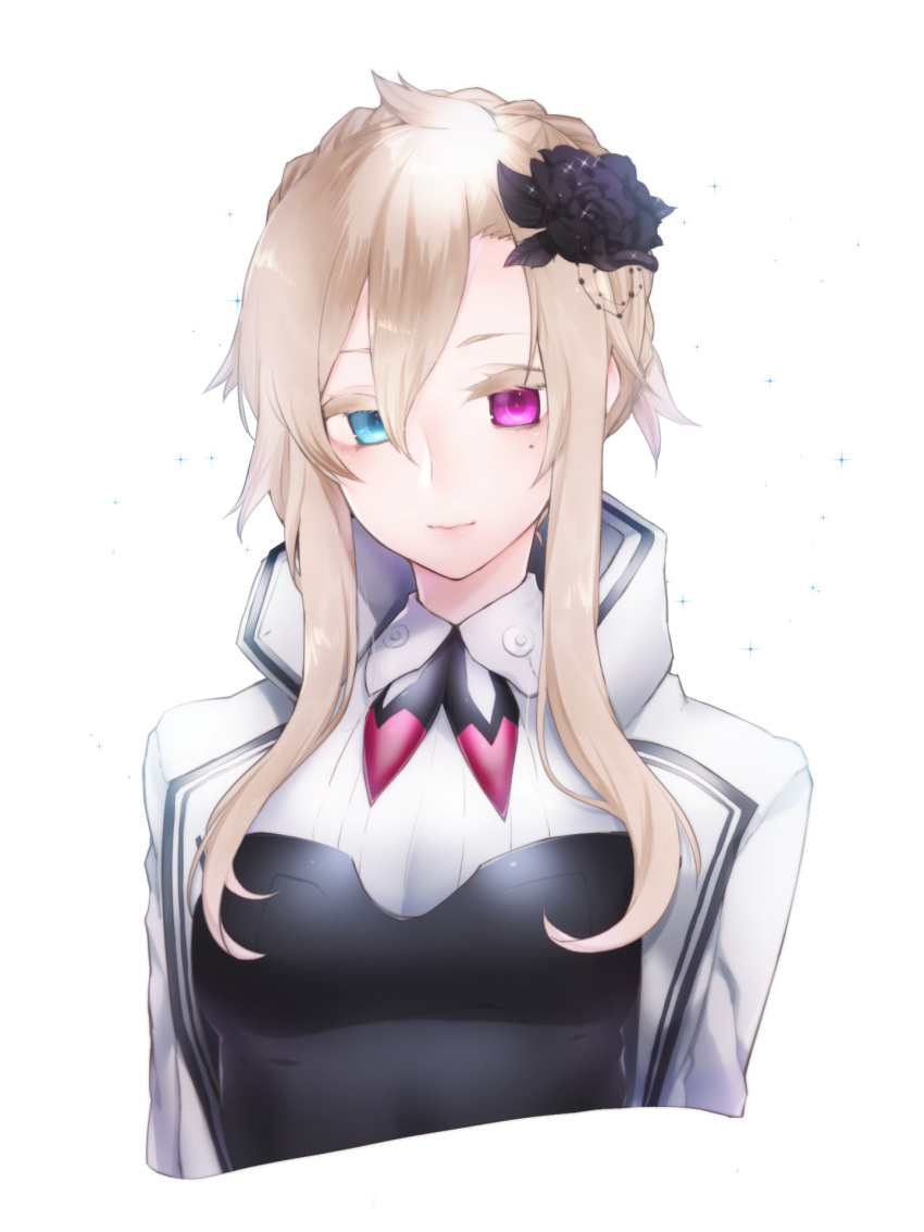 1girl black_flower blonde_hair blue_eyes braid character_request copyright_request cropped_arms cropped_torso flower french_braid hair_flower hair_ornament heart highres light_smile mole mole_under_eye sidelocks solo violet_eyes white_background yutazou