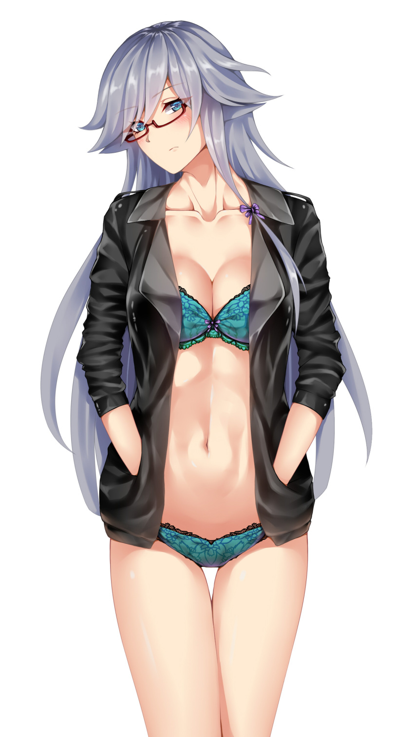 1girl absurdres aqua_bra aqua_panties bangs black_jacket blue_eyes blush bra breasts cleavage closed_mouth collarbone eyebrows_visible_through_hair fu_hua groin hair_between_eyes hair_ornament hands_in_pockets head_tilt highres honkai_(series) honkai_impact_3 jacket lace lace-trimmed_bra lace-trimmed_panties long_hair looking_at_viewer medium_breasts navel open_clothes open_jacket panties red-framed_eyewear ruo_zhishi_chu_jian semi-rimless_eyewear sidelocks simple_background smile solo stomach thighs underwear white_background