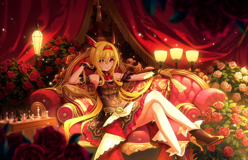 1girl bangs bare_legs bare_shoulders belt black_gloves blonde_hair blush board_game boots breasts brooch chess chess_piece chessboard couch detached_sleeves dress eyebrows_visible_through_hair fan flower folding_fan gloves hair_over_eyes hairband head_wings high_heel_boots high_heels holding holding_fan idolmaster idolmaster_cinderella_girls idolmaster_cinderella_girls_starlight_stage indoors jewelry kurosaki_chitose legs_crossed long_hair looking_at_viewer medium_breasts official_art portrait_(object) red_eyes red_flower red_rose rose sitting smile solo very_long_hair white_flower white_rose