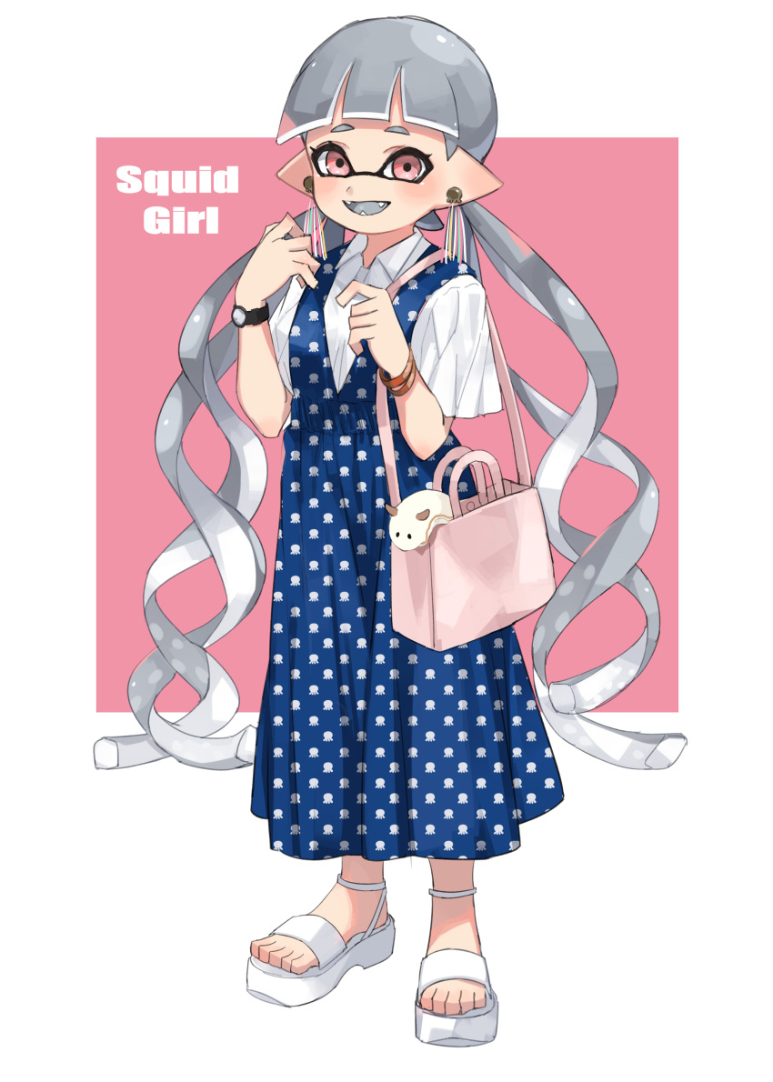 1girl absurdres bag bangs blue_dress blunt_bangs bracelet carrying collared_shirt domino_mask dress drill_hair earrings english_text fangs full_body gerbera grey_hair grey_tongue highres inkling jewelry long_dress long_hair looking_at_viewer mask mimimi_(echonolog) octopus open_mouth pinafore_dress pink_eyes pointy_ears print_dress sandals shirt shopping_bag short_sleeves smile solo splatoon_(series) standing tentacle_hair very_long_hair watch watch white_footwear white_shirt