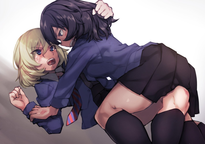 2girls andou_(girls_und_panzer) arm_grab bangs bc_freedom_school_uniform black_hair black_legwear black_skirt blonde_hair blue_eyes blue_neckwear blue_sweater brown_eyes cardigan catfight commentary dark_skin diagonal_stripes dirty_face dress_shirt eyebrows_visible_through_hair fighting frown girls_und_panzer hair_pull kneehighs long_sleeves looking_at_another lying medium_hair messy_hair miniskirt multiple_girls necktie on_back on_ground open_cardigan open_clothes open_mouth oshida_(girls_und_panzer) pleated_skirt red_neckwear restrained school_uniform shirt skirt straddling striped striped_neckwear sweater white_shirt yamaori_(yamaorimon)