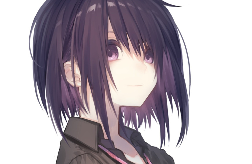 1girl black_hair black_jacket collarbone commentary face haizome_senri jacket looking_at_viewer original pink_eyes short_hair simple_background smile solo white_background