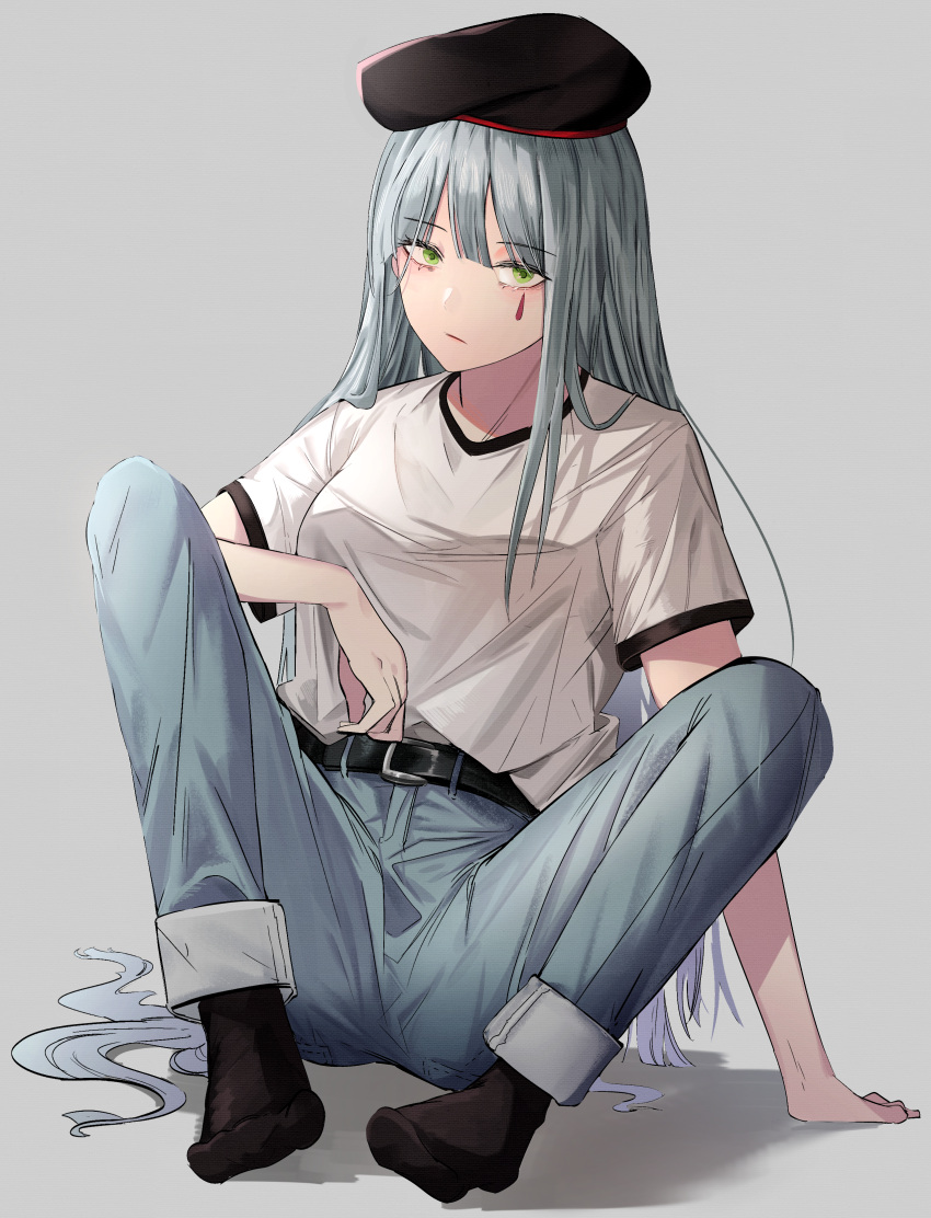 1girl absurdres arm_support bangs belt belt_buckle beret black_belt black_headwear black_legwear blue_pants blush breasts buckle casual cizzi closed_mouth commentary eyebrows_visible_through_hair facial_mark full_body girls_frontline green_eyes grey_background hat highres hk416_(girls_frontline) long_hair looking_at_viewer no_shoes pants shadow shirt short_sleeves silver_hair sitting small_breasts socks solo very_long_hair white_shirt