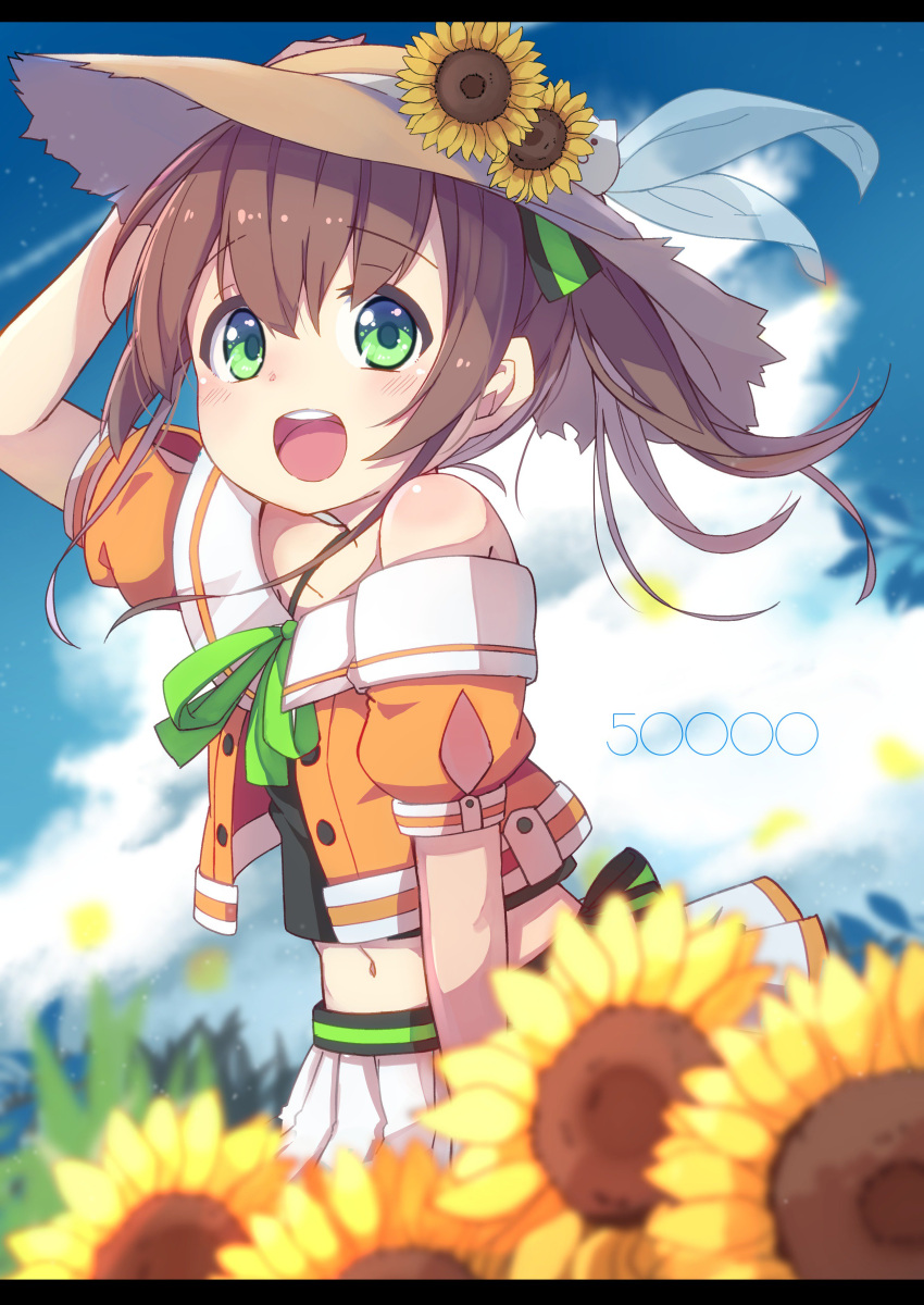 1girl absurdres arm_up blurry blurry_background blush brown_hair clouds collarbone flower grass green_eyes hair_between_eyes hair_flower hair_ornament hat highres hololive looking_at_viewer medium_hair midriff natsuiro_matsuri navel number okota_mikan open_mouth sky solo straw_hat sunflower sunflower_hair_ornament virtual_youtuber