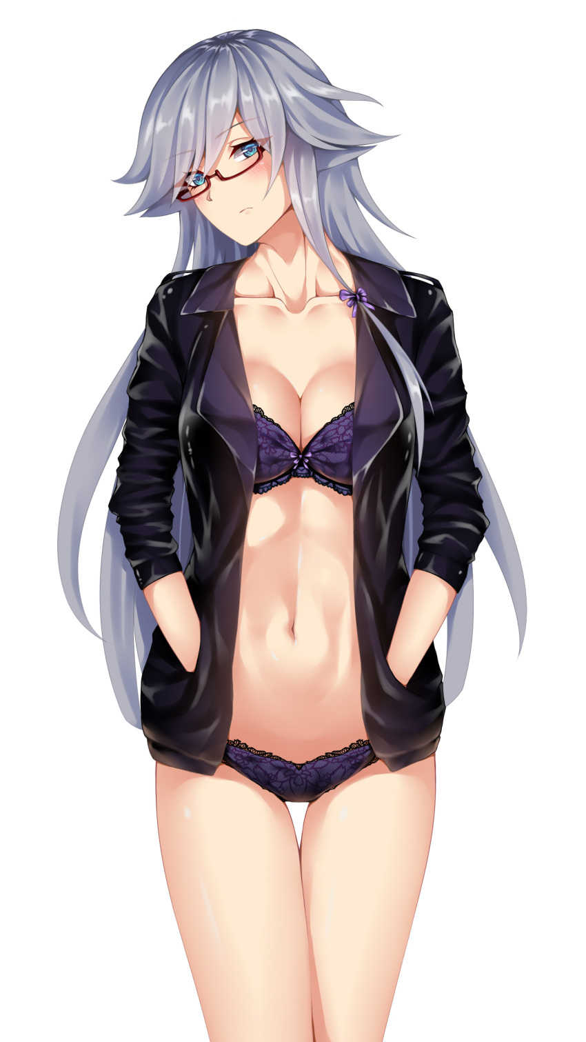 1girl absurdres bangs blue_eyes blush bra breasts cleavage closed_mouth collarbone eyebrows_visible_through_hair fu_hua groin hair_between_eyes hair_ornament hands_in_pockets head_tilt highres honkai_(series) honkai_impact_3 jacket lace lace-trimmed_bra lace-trimmed_panties long_hair looking_at_viewer medium_breasts navel open_clothes open_jacket panties purple_bra purple_jacket purple_panties red-framed_eyewear ruo_zhishi_chu_jian semi-rimless_eyewear sidelocks simple_background smile solo stomach thighs underwear white_background