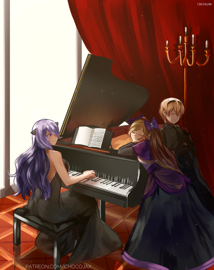 1boy 2girls artist_name backless_dress backless_outfit bangs black_cape black_dress black_shirt blonde_hair bow brother_and_sister camilla_(fire_emblem_if) candlestand cape capelet chocojax closed_eyes colored_eyelashes crossed_arms curtains dress elise_(fire_emblem_if) facing_away facing_viewer fire_emblem fire_emblem_heroes hair_between_eyes hair_bow hair_over_one_eye head_in_hand highres indoors instrument layered_dress leaning_on_object leon_(fire_emblem_if) long_dress long_hair long_ponytail long_sleeves looking_at_another multiple_girls music nintendo piano piano_bench playing_instrument playing_piano ponytail purple_capelet purple_hair sheet_music shirt siblings sisters sitting smile strapless strapless_dress swept_bangs tile_floor tiles very_long_hair violet_eyes watermark web_address window