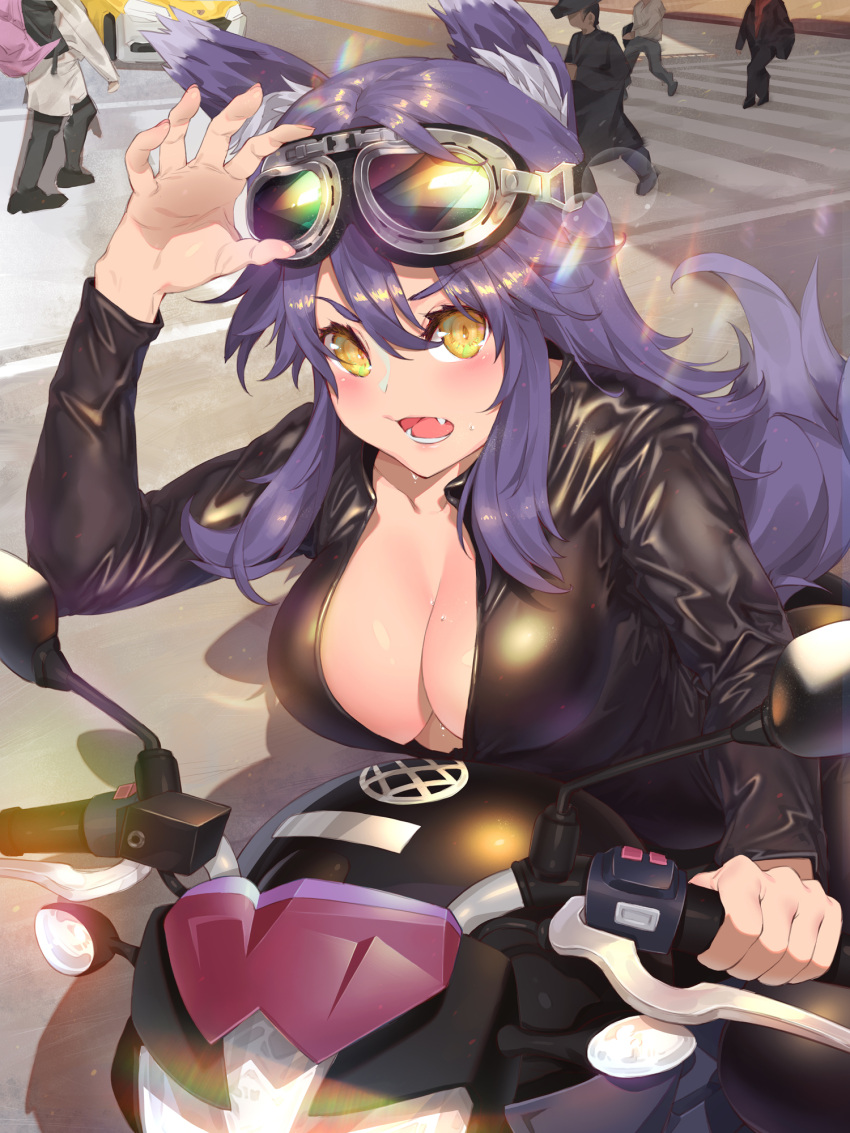 1girl aki_makoto animal_ears arm_up blue_hair blush breasts brown_eyes car cleavage collarbone crosswalk day goggles goggles_on_head ground_vehicle highres large_breasts long_sleeves looking_at_viewer motor_vehicle motorcycle open_mouth outdoors princess_connect! princess_connect!_re:dive solo sweat tail teeth waterring wolf_ears wolf_tail