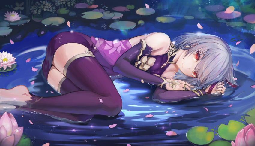 1girl akira_(aristole) bare_shoulders barefoot bridal_gauntlets earrings elbow_gloves fate/grand_order fate_(series) gloves highres jewelry kama_(fate/grand_order) lily_pad looking_at_viewer lying on_side partially_translated petals purple_gloves purple_legwear red_eyes ring short_hair silver_hair smile solo thigh-highs translation_request water zettai_ryouiki