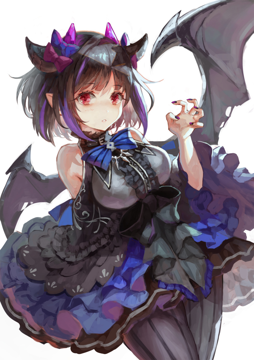1girl absurdres bare_shoulders black_bow black_dress black_hair black_legwear blue_neckwear bow bowtie breasts claw_pose cowboy_shot demon_girl demon_horns demon_wings dress fingernails frilled_dress frills gothic_lolita hand_up highres horns large_breasts lolita_fashion long_sleeves looking_at_viewer multicolored_hair nail_polish original pantyhose parted_lips pointy_ears purple_hair purple_nails red_eyes short_hair shoulder_cutout sidelocks simple_background solo standing streaked_hair striped striped_legwear tamarashi torn_wings white_background wings