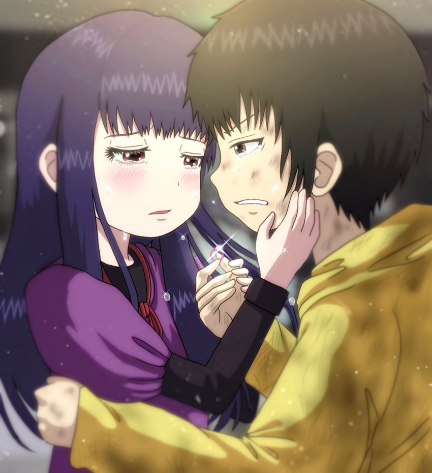 1boy 1girl black_hair brown_eyes brown_hair crying crying_with_eyes_open dirty_face dress eye_contact grey_eyes hetero high_score_girl highres jewelry long_hair long_sleeves looking_at_another oono_akira purple_dress ring sunday-offline tears yaguchi_haruo yellow_hoodie