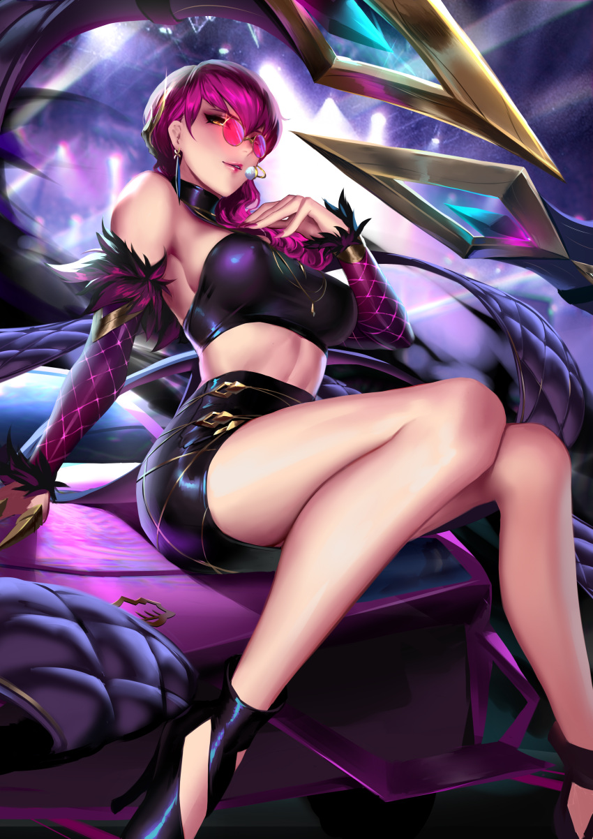 1girl absurdres bare_legs bare_shoulders black_choker black_footwear black_skirt breasts choker cian_yo claws crop_top detached_sleeves earrings evelynn feather-trimmed_sleeves feather_trim glasses hair_over_shoulder halter_top halterneck high_heels highres jewelry k/da_(league_of_legends) k/da_evelynn league_of_legends long_hair medium_breasts microphone midriff nail_polish paid_reward parted_lips patreon_reward pince-nez purple_hair purple_nails sitting skirt solo sunglasses yellow_eyes