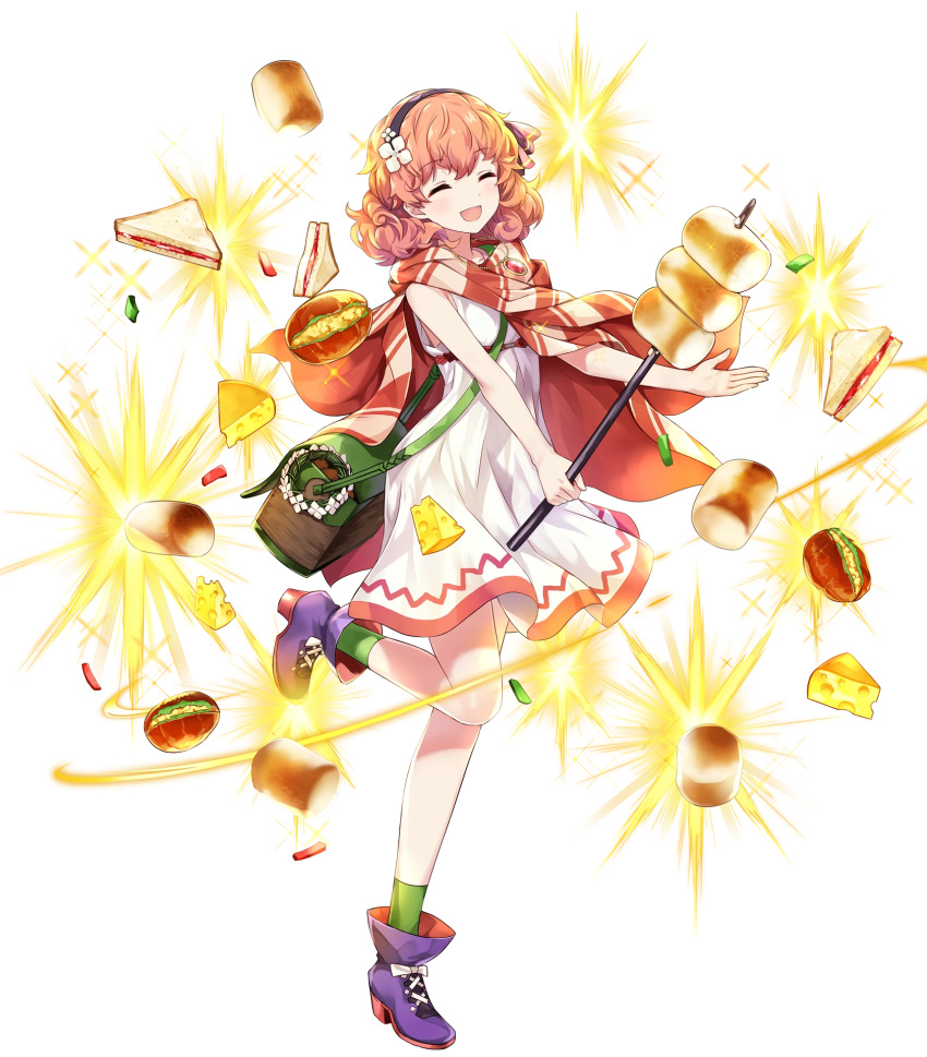 amagai_tarou bangs closed_eyes dress eyebrows_visible_through_hair fire_emblem fire_emblem_echoes:_mou_hitori_no_eiyuuou food full_body hair_ornament highres holding jenny_(fire_emblem) jewelry leg_up necklace nintendo official_art open_mouth pink_hair shoes short_dress short_hair sleeveless smile sparkle transparent_background