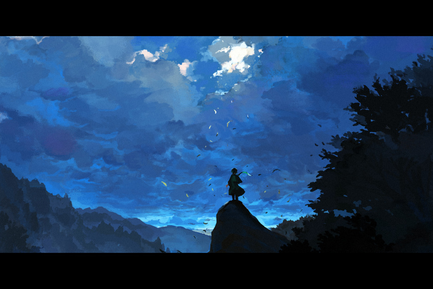 1other backlighting blue_sky blue_theme clouds cloudy_sky day facing_away forest from_behind kitsune_(kazenouta) leaf letterboxed long_sleeves mountain nature original outdoors scenery short_hair sky solo standing tree wide_shot wind