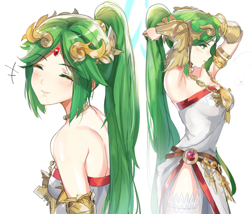 1girl adjusting_hair alternate_hairstyle arm_at_side armlet armpits arms_up back bangs bare_back bare_shoulders blush bracer breasts circlet closed_eyes closed_mouth dress eyebrows_visible_through_hair female from_side green_eyes green_hair hair_ornament headpiece high_ponytail highres jewelry kid_icarus kid_icarus_uprising lips long_hair looking_down medium_breasts multiple_views neck neck_ring necklace nintendo ormille palutena parted_bangs ponytail serious shiny shiny_hair side_slit simple_background smile standing strapless strapless_dress thigh-highs upper_body very_long_hair white_background white_dress white_legwear