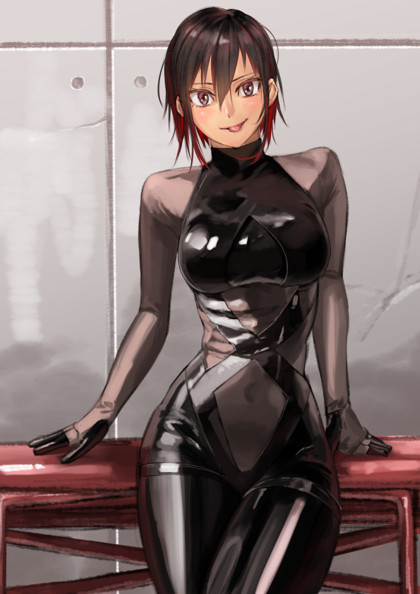 1girl arm_support bodysuit brown_eyes brown_hair covered_navel gimp_suit hair_between_eyes highres kilye_4421 latex_bodysuit legs_crossed original short_hair skin_tight tongue wall