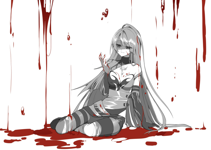 1girl blood blood_drip bloody_queen_(elsword) elesis_(elsword) elsword empty_eyes eyebrows_visible_through_hair greyscale highres long_hair monochrome partially_colored sitting sketch smile tattoo veca