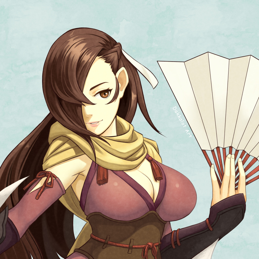 1girl absurdres artist_name bangs blue_background breasts brown_eyes brown_hair cleavage dakkalot fan fingernails fire_emblem fire_emblem_if hair_over_one_eye highres holding kagerou_(fire_emblem_if) large_breasts lips long_hair nintendo paper_fan parted_lips scarf simple_background smile solo upper_body yellow_scarf