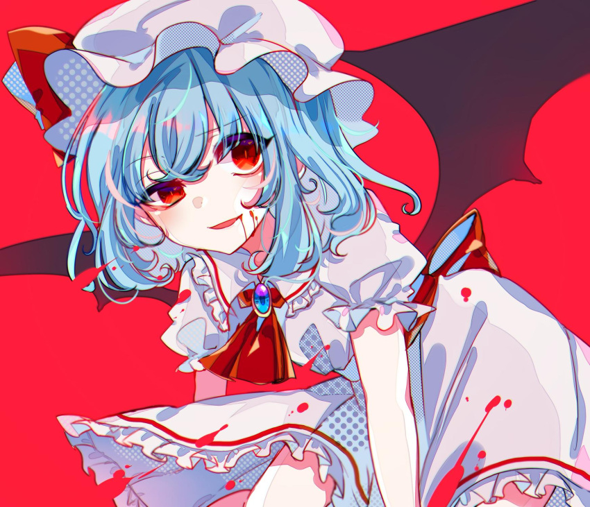 1girl ascot ayariri bangs bat_wings blood blood_on_face blue_hair brooch commentary_request cowboy_shot dress eyebrows_visible_through_hair frilled_shirt_collar frills hair_between_eyes hat hat_ribbon highres jewelry leaning_forward looking_at_viewer mob_cap open_mouth puffy_short_sleeves puffy_sleeves red_background red_eyes red_neckwear red_ribbon remilia_scarlet ribbon short_hair short_sleeves simple_background smile solo touhou uneven_eyes white_dress white_headwear wings