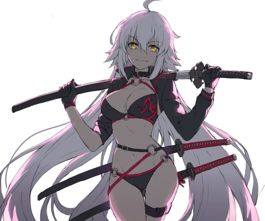 1girl ahoge bangs bikini black_bikini black_choker black_gloves black_jacket breasts choker closed_mouth cowboy_shot eyebrows_visible_through_hair fate/grand_order fate_(series) gloves hair_between_eyes highres holding holding_sword holding_weapon jacket jeanne_d'arc_(alter_swimsuit_berserker) jeanne_d'arc_(fate)_(all) katana long_hair long_sleeves looking_at_viewer medium_breasts navel o-ring o-ring_top open_clothes open_jacket over_shoulder simple_background smile solo swimsuit sword thigh_strap tonee upper_body very_long_hair weapon weapon_over_shoulder white_background white_hair yellow_eyes
