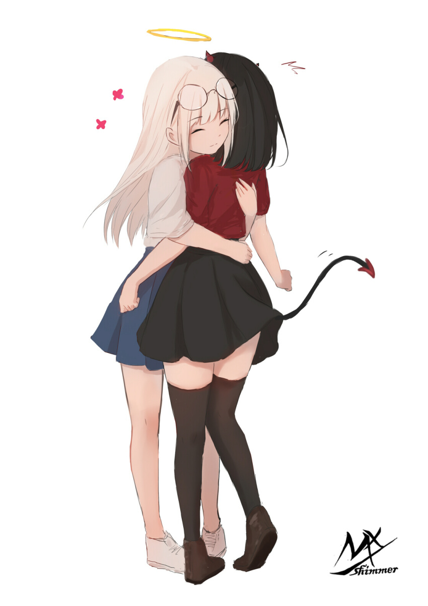 2girls black_hair black_legwear black_skirt blue_skirt brown_footwear closed_eyes closed_mouth demon_girl demon_horns demon_tail halo highres horns hug long_hair multiple_girls original pleated_skirt red_shirt shimmer shirt shoes short_sleeves signature simple_background skirt smile standing tail thigh-highs very_long_hair white_background white_footwear white_hair white_shirt yuri