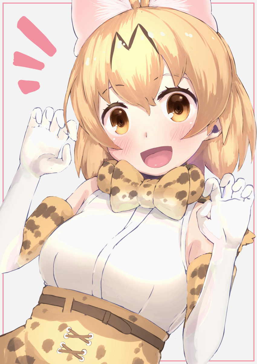 1girl absurdres animal_ear_fluff animal_ears bare_shoulders belt blonde_hair blush bow bowtie claw_pose commentary_request deku_suke elbow_gloves extra_ears eyebrows_visible_through_hair gloves high-waist_skirt highres kemono_friends multicolored_hair open_mouth print_gloves print_neckwear print_skirt serval_(kemono_friends) serval_ears serval_print short_hair skirt sleeveless solo upper_body yellow_eyes