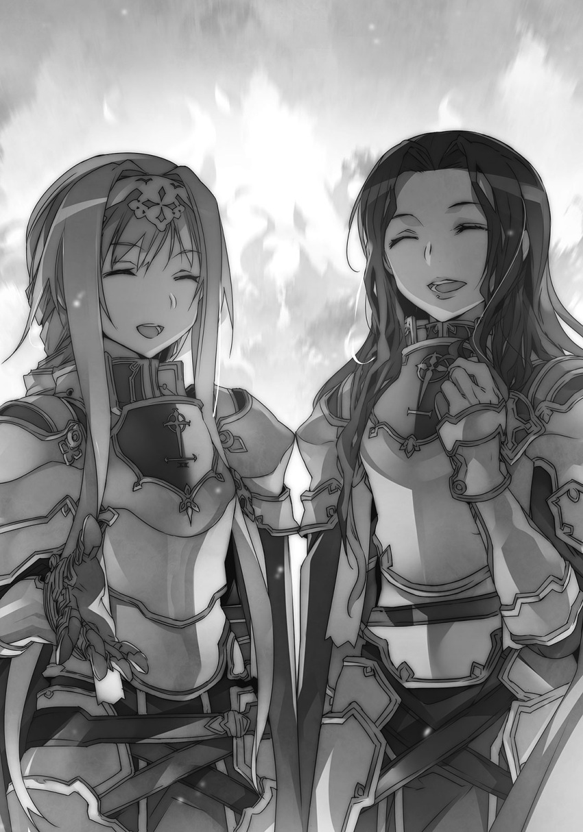 2girls :d abec alice_schuberg armor breastplate closed_eyes cowboy_shot fanatio_synthesis_two gauntlets greyscale hair_intakes hairband highres long_hair monochrome multiple_girls novel_illustration official_art open_mouth outstretched_hand shoulder_armor smile spaulders standing sword_art_online