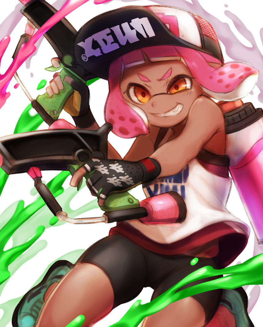 1girl bangs baseball_cap basketball_jersey bike_shorts black_gloves black_headwear black_shorts blunt_bangs commentary dark_skin domino_mask fingerless_gloves gloves green_footwear grin hat highres ink_tank_(splatoon) inkling jumping logo looking_at_viewer mask mimimi_(echonolog) orange_eyes paint_splatter pink_hair pointy_ears sharp_teeth shirt shoes short_hair shorts smile solo splat_dualies_(splatoon) splatoon splatoon_(series) splatoon_2 standing teeth tentacle_hair v-shaped_eyebrows white_background white_shirt