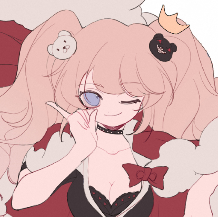 1girl ;) animal_hair_ornament bear_hair_ornament blonde_hair blue_eyes breasts cape choker cleavage collarbone crown curly_hair dangan_ronpa enoshima_junko hair_ornament large_breasts long_hair mini_crown monokuma necktie one_eye_closed pink_hair royal_robe school_uniform smile twintails yexie_pottle