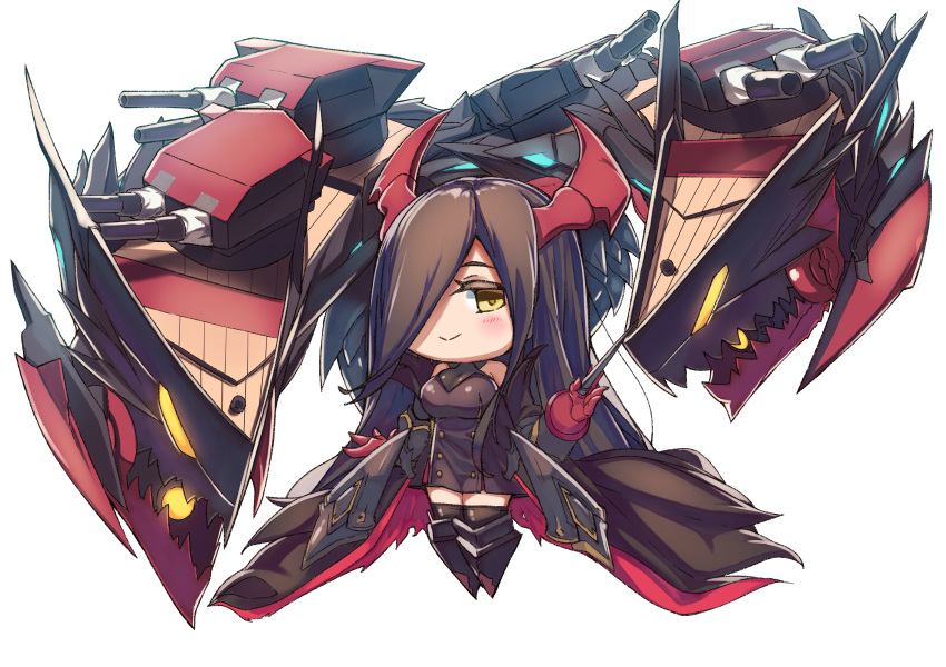 1girl absurdres azur_lane bare_shoulders baton_(instrument) black_hair black_legwear breasts chibi closed_mouth commentary_request friedrich_der_grosse_(azur_lane) gloves hair_over_one_eye highres holding horns karakushi long_hair looking_at_viewer machinery red_gloves red_horns rigging smile smug solo thigh-highs very_long_hair yellow_eyes