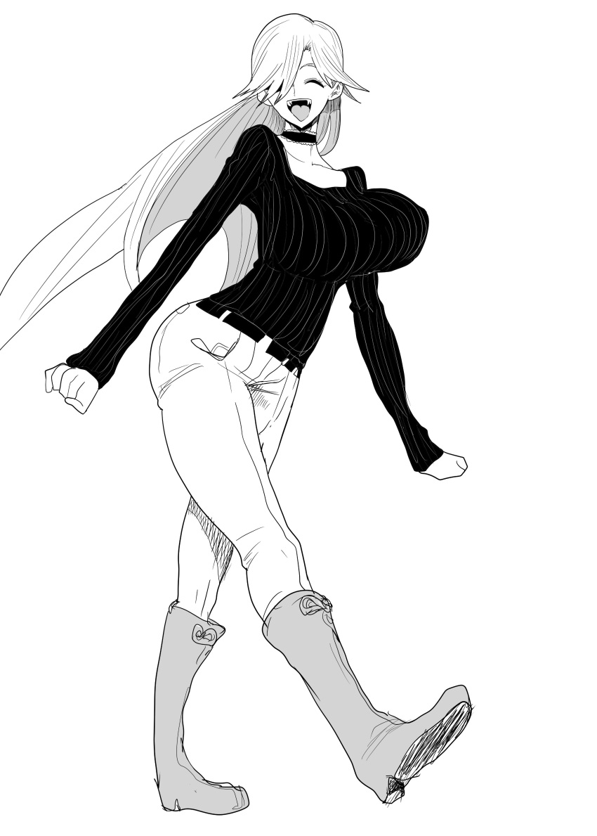 1girl absurdres belt boots breasts closed_eyes doctor_masube fangs full_body greyscale hair_over_one_eye highres huge_breasts long_hair lucretia_(doctor_masube) monochrome original pants ribbed_sweater solo sweater