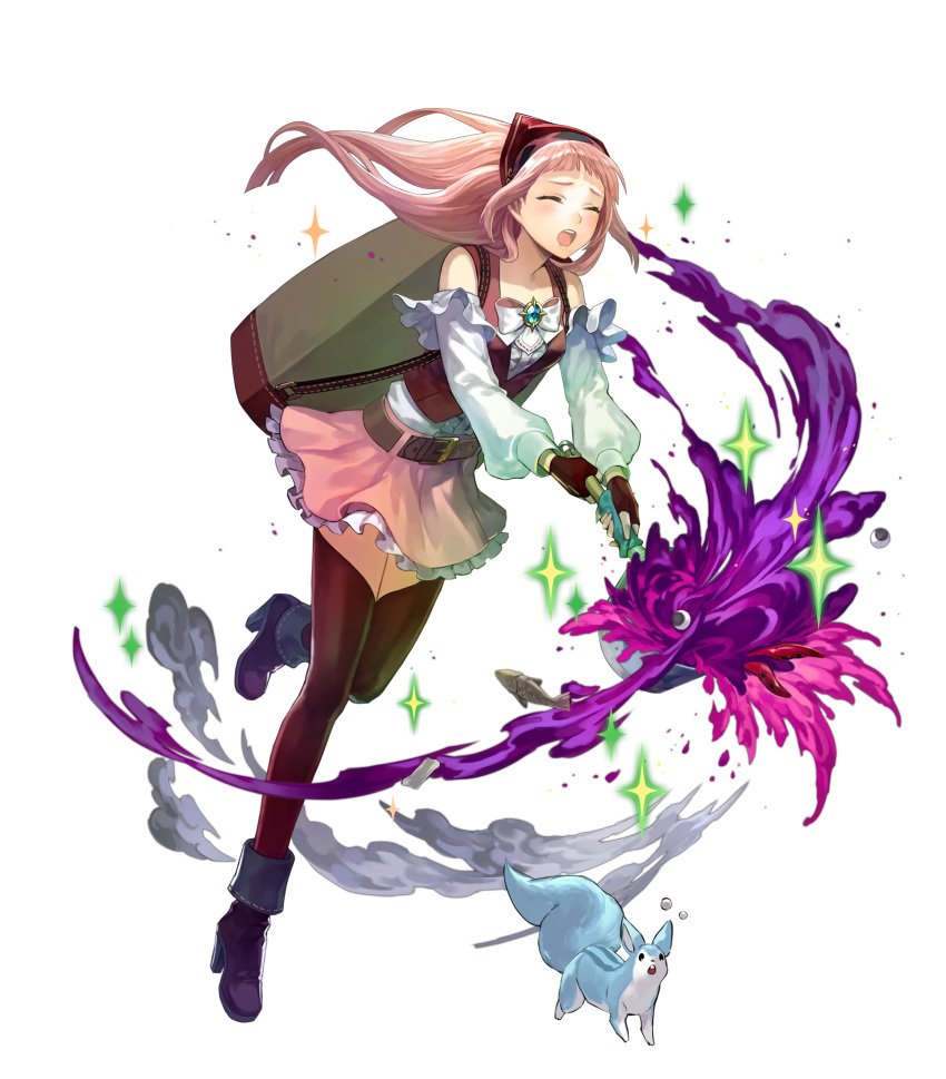 1girl ankle_boots bangs black_footwear black_legwear boots closed_eyes felicia_(fire_emblem_if) fingerless_gloves fire_emblem fire_emblem_heroes fire_emblem_if frills full_body gloves hakou_(barasensou) highres long_hair miniskirt nintendo official_art open_mouth pink_hair skirt solo thigh-highs transparent_background zettai_ryouiki