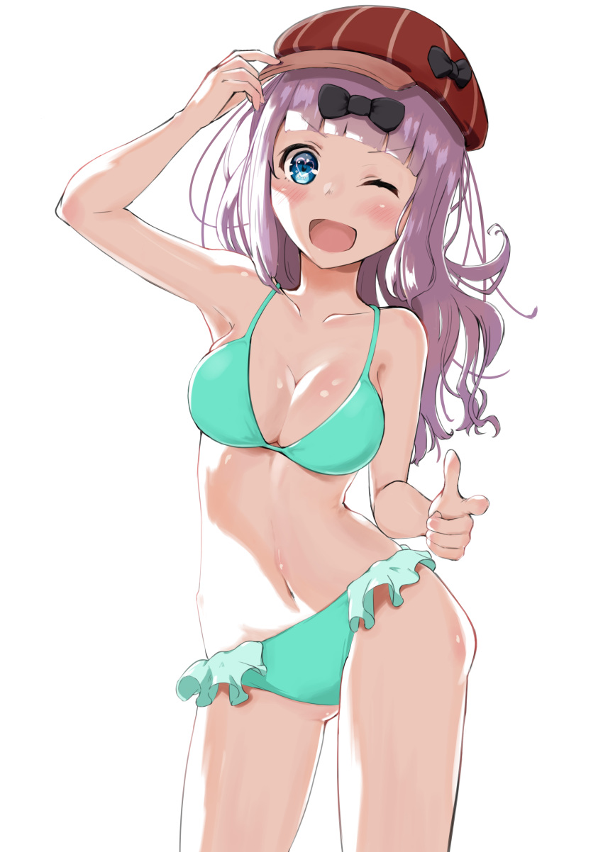 1girl absurdres aqua_bikini arm_up armpits bangs bikini black_bow blue_eyes blunt_bangs bow breasts cabbie_hat cleavage collarbone commentary_request contrapposto cowboy_shot finger_gun frilled_bikini_bottom fujiwara_chika hair_bow hand_on_headwear hat hat_bow highres kaguya-sama_wa_kokurasetai_~tensai-tachi_no_renai_zunousen~ lighting long_hair medium_breasts navel one_eye_closed open_mouth purple_hair satokoh9112ushi simple_background smile solo swimsuit thighs white_background