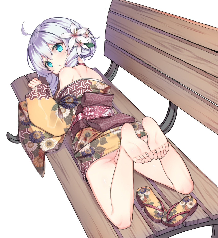 1girl :o ahoge ass bangs bare_legs bare_shoulders barefoot bench blue_eyes blush brown_footwear brown_kimono choker commentary_request eyebrows_visible_through_hair feet floral_print flower full_body hair_between_eyes hair_flower hair_ornament hand_up highres japanese_clothes kimono kuro_(kuronell) legs long_hair long_sleeves looking_at_viewer looking_back lying obi off_shoulder on_bench on_stomach park_bench parted_lips print_footwear print_kimono red_choker sandals sash shoes_removed short_kimono sidelocks silver_hair simple_background sleeves_past_wrists soles solo soul_worker stella_unibell toenails toes white_background white_flower wide_sleeves