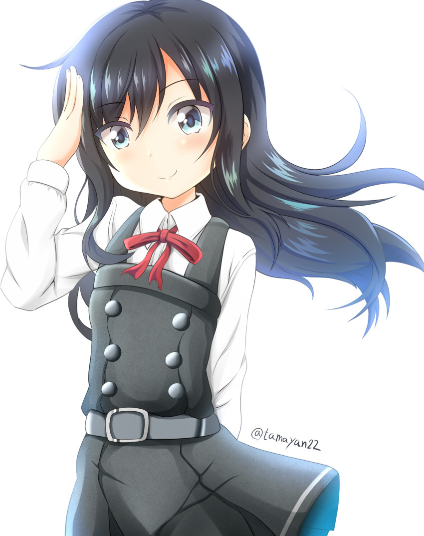 1girl asashio_(kantai_collection) bangs belt belt_buckle black_dress black_hair blue_eyes blush bow buckle closed_mouth commentary_request dress eyebrows_visible_through_hair floating_hair grey_belt hair_between_eyes head_tilt highres kantai_collection long_hair long_sleeves pinafore_dress red_bow remodel_(kantai_collection) salute school_uniform shirt simple_background sleeveless sleeveless_dress smile solo tamayan twitter_username very_long_hair white_background white_shirt