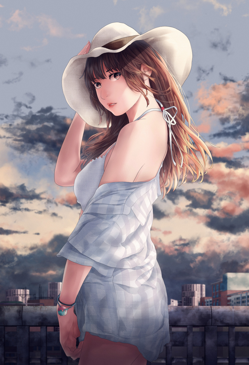 1girl absurdres backless_outfit bangs bare_shoulders bracelet breasts brown_eyes brown_hair building clouds cloudy_sky commentary commission from_side grey_shirt hand_on_own_head hat highres jewelry long_hair looking_at_viewer looking_to_the_side medium_breasts off_shoulder original parted_lips plaid plaid_shirt railing shirt sky solo standing valiantvalentine5 white_headwear