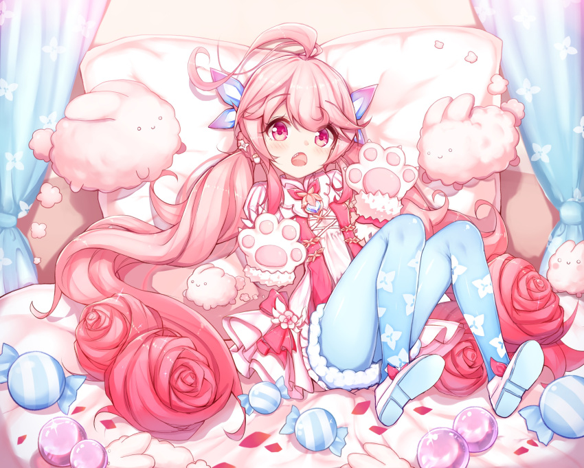 1girl blush candy clouds curtains elsword eyebrows_visible_through_hair familiar food gloves highres kiku_(ks5832) laby_(elsword) long_hair lying on_back pantyhose paw_gloves paws pillow sharp_teeth teeth twintails very_long_hair