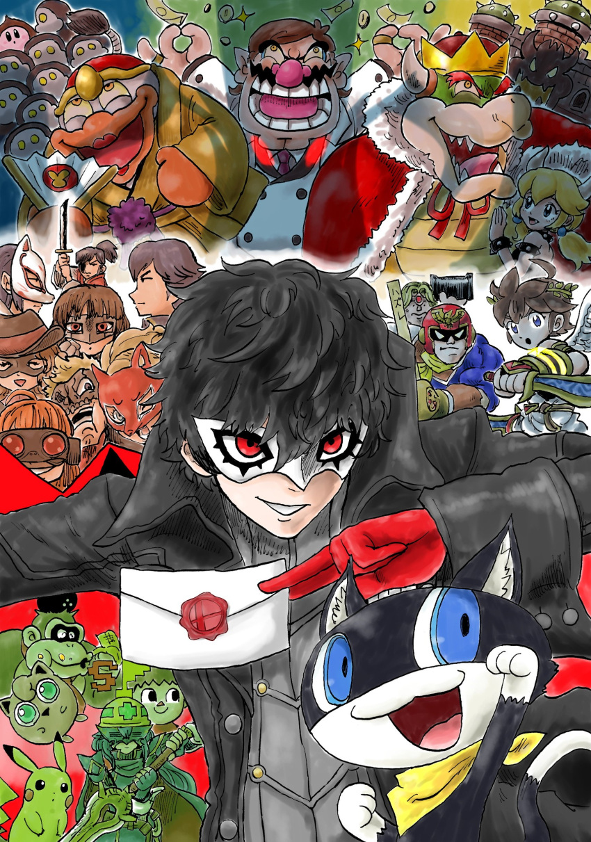 6+boys 6+girls 6+others absurdres alternate_costume amamiya_ren angel animal_crossing:_city_folk atlus balloon_(pokemon) bangs bowser bowsette cape captain_falcon castlevania cat creatures_(company) crown donkey_kong donkey_kong_(series) donkey_kong_country doubutsu_no_mori f-zero facial_hair fan fat_man fire_emblem fire_emblem_awakening formal game_freak gen_1_pokemon gorilla hal_laboratory_inc. highres horns hoshi_no_kirby hoshi_no_kirby_(anime) human intelligent_systems jigglypuff kicdon kid_icarus kirby kirby:_right_back_at_ya! kirby_(series) kitagawa_yuusuke konami koopa_(specie) letter lucina_(fire_emblem) mask megami_tensei money_gesture morgana_(persona_5) mouse mustache nazo_no_murasame-jou niijima_makoto nintendo oideyo!_doubutsu_no_mori okumura_haru paper_fan parted_bangs pearl_earrings penguin persona persona_5 pikachu pink_puff_ball pit_(kid_icarus) playstation_all-stars_battle_royale pokemon princess_peach rareware red_eyes sakamoto_ryuuji sakura_futaba sega seiyuu_connection short_twintails simon_belmondo sora_(company) sugita_tomokazu suit super_mario_bros. super_smash_bros. super_smash_bros._ultimate super_smash_bros_64 super_smash_bros_brawl super_smash_bros_for_wii_u_and_3ds super_smash_bros_melee takamaki_anne takamaru_(nazo_no_murasame-jou) topknot twintails villager_(doubutsu_no_mori) waddle_dee wario wario_land warioware