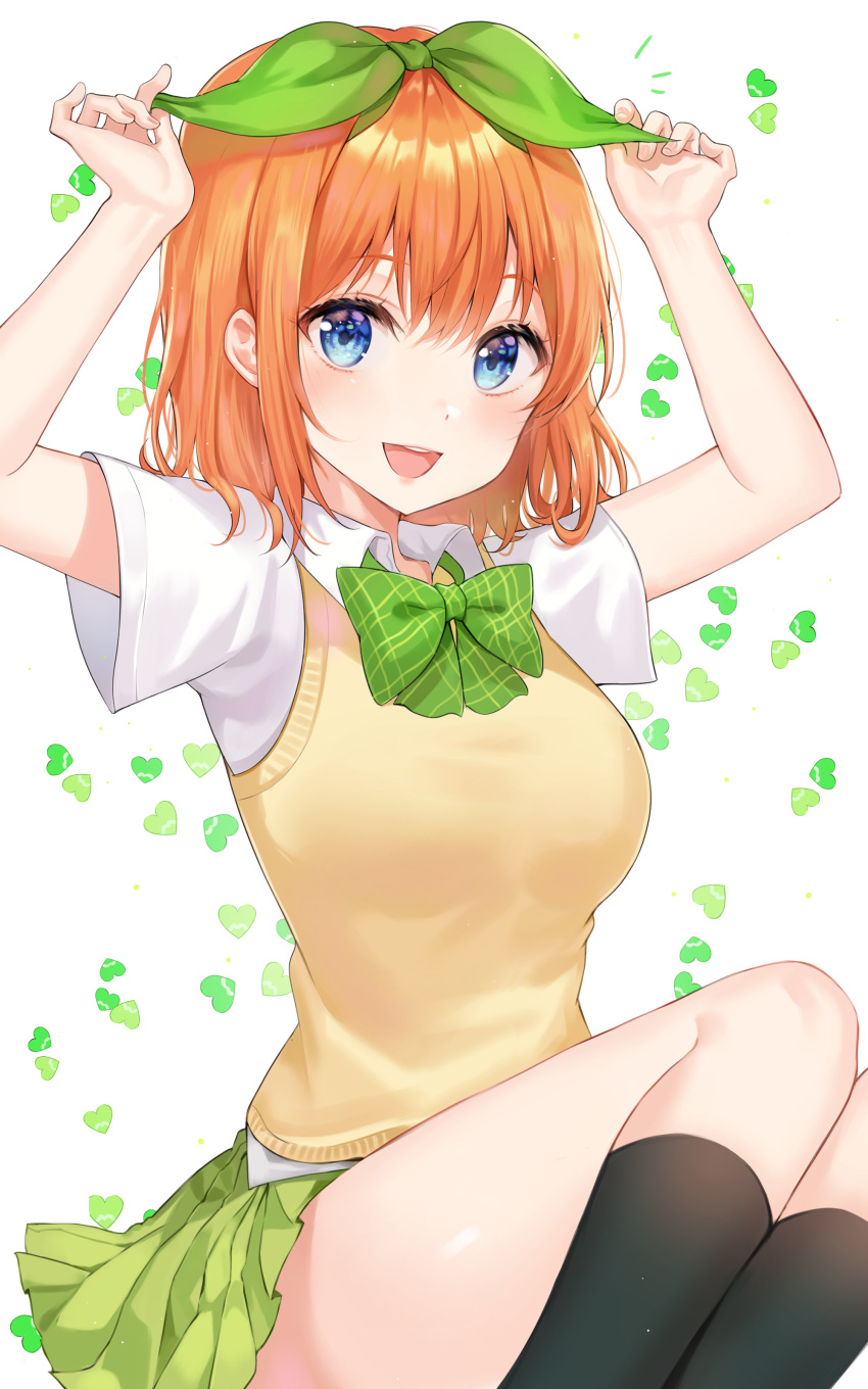 1girl :d absurdres adjusting_headwear arms_up bangs black_legwear blue_eyes blush bow bowtie checkered checkered_neckwear collared_shirt go-toubun_no_hanayome green_bow green_skirt hair_between_eyes hair_ribbon heart highres kneehighs looking_at_viewer miniskirt nail_polish nakano_yotsuba open_mouth orange_hair pleated_skirt ribbon school_uniform shirt short_sleeves sitting skirt smile solo sweater_vest tokkyu_(user_mwwe3558) white_background white_shirt wing_collar yellow_sweater_vest