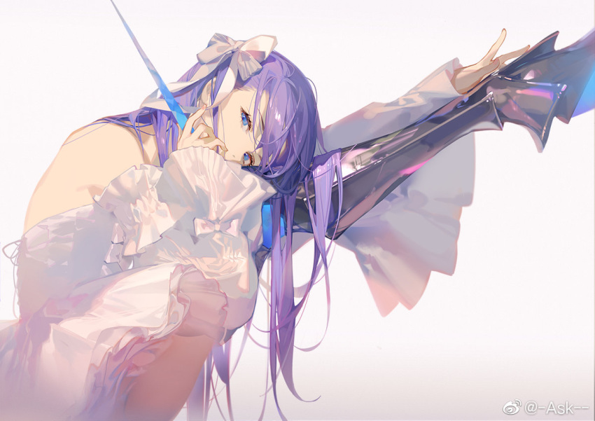 1girl armor armored_boots ask_(askzy) bangs blue_eyes blue_ribbon boots bow covered_mouth dress eyebrows_visible_through_hair fate/extra fate/grand_order fate_(series) gradient gradient_background hair_bow hair_ribbon head_tilt holding leg_up long_hair long_sleeves looking_at_viewer meltlilith purple_hair ribbon sidelocks simple_background sleeves_past_wrists solo split very_long_hair weibo_username white_bow white_dress white_ribbon