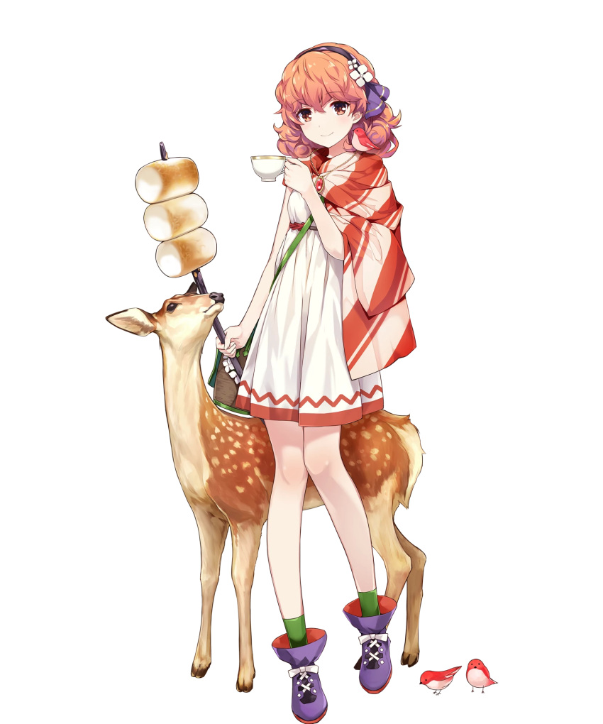 amagai_tarou animal bangs bird closed_mouth cup deer dress eyebrows_visible_through_hair fire_emblem fire_emblem_echoes:_mou_hitori_no_eiyuuou full_body hair_ornament highres holding jenny_(fire_emblem) jewelry looking_at_viewer necklace nintendo official_art pink_hair shoes short_dress short_hair standing teacup transparent_background