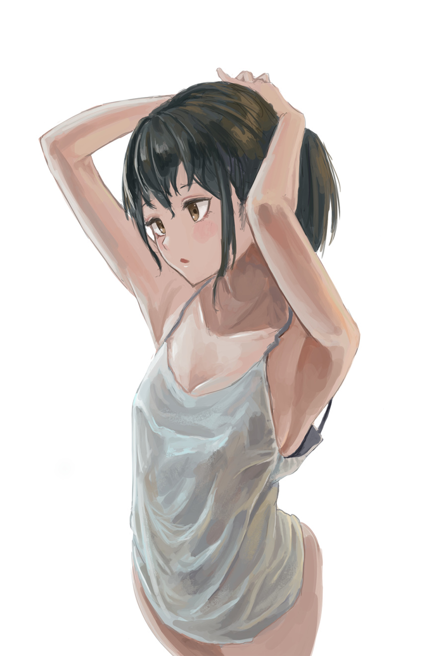 1girl adjusting_hair armpits arms_behind_head arms_up black_hair blush breasts brown_eyes cleavage cowboy_shot fjsmu highres medium_breasts no_pants open_mouth original ponytail sidelocks simple_background sketch sleepwear solo spaghetti_strap tank_top white_background