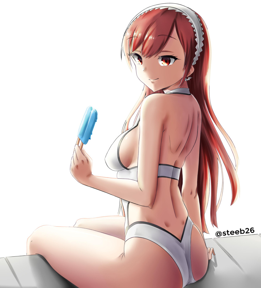 1girl absurdres breasts closed_mouth fire_emblem fire_emblem:_kakusei food from_behind hairband highres holding long_hair looking_back medium_breasts nintendo popsicle red_eyes redhead serge_(fire_emblem) sideboob simple_background sitting smile solo steeb26 swimsuit twitter_username white_background