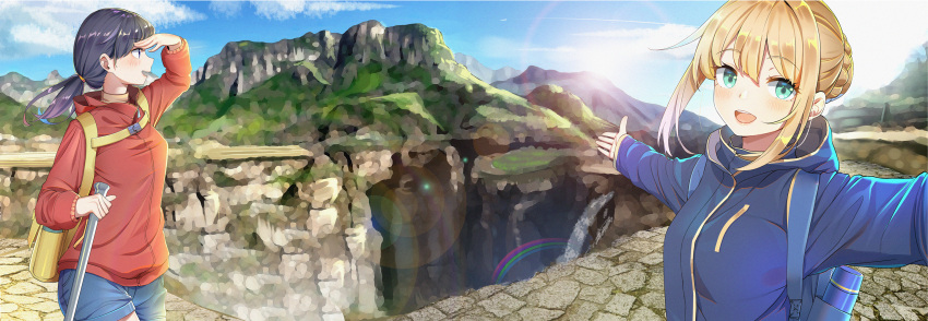 2girls aqua_eyes artoria_pendragon_(all) backpack bag black_hair blonde_hair blue_jacket blue_shorts blue_sky blurry braid character_request clouds cobblestone cowboy_shot depth_of_field eyebrows_visible_through_hair facing_away fate_(series) french_braid hair_between_eyes hand_to_forehead highres hood hood_down hooded_jacket jacket kongbai lens_flare looking_at_viewer mountain multiple_girls open_mouth outstretched_arms ponytail rainbow red_jacket saber scenery self_shot shorts sidelocks sky solo spread_arms standing stone_walkway thermos upper_body upper_teeth vacation walking_stick water waterfall wide_shot