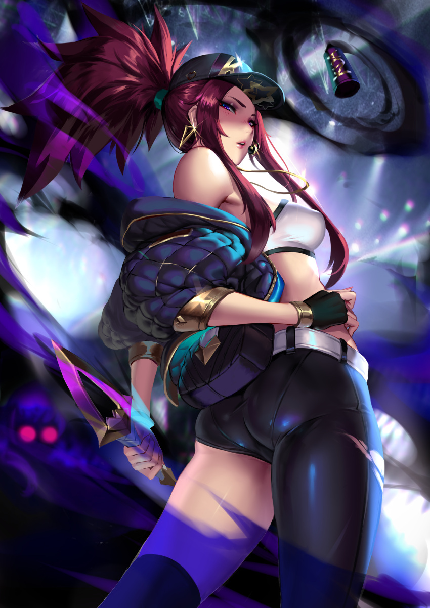 1girl absurdres akali ass bare_shoulders baseball_cap belt belt_pouch bikini black_pants bracelet breasts cian_yo cleavage crop_top dagger earrings fingerless_gloves fingernails from_behind gloves glowing glowing_eye hand_on_hip hat headset highres holding holding_weapon idol jacket jewelry k/da_(league_of_legends) k/da_akali league_of_legends lips long_hair looking_at_viewer looking_back medium_breasts nail_polish off_shoulder open_clothes open_jacket paid_reward pants parted_lips patreon_reward ponytail pouch purple_hair redhead reverse_grip shiny shiny_hair shiny_skin sideboob sidelocks solo swimsuit thighs violet_eyes weapon white_belt yellow_eyes