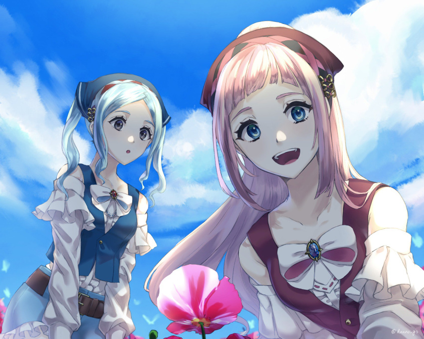 2girls bandanna belt blue_eyes blue_hair blue_sky buttons clouds danno_gs day felicia_(fire_emblem_if) fire_emblem fire_emblem_heroes fire_emblem_if flora_(fire_emblem_if) flower grey_eyes highres long_hair long_sleeves multiple_girls nintendo open_mouth outdoors pink_hair siblings sisters sky twintails