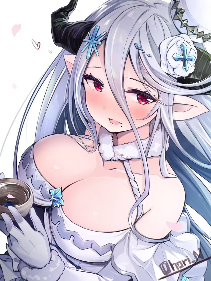 1girl blue_hair breasts cleavage draph gloves granblue_fantasy hat highres horns izmir large_breasts mini_hat mole mole_under_mouth nino_(shira) petals petals_on_liquid pointy_ears red_eyes twitter_username white_background white_gloves