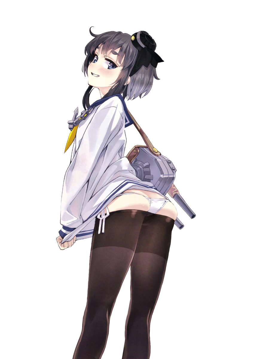 1girl absurdres anchor ass black_legwear blue_eyes blush butt_crack cannon dress dress_tug from_behind grey_background grey_hair grin hat highres kantai_collection long_sleeves looking_at_viewer looking_back mini_hat panties pantyhose sailor_collar sailor_dress scan short_hair_with_long_locks side-tie_panties simple_background skindentation smile solo tokitsukaze_(kantai_collection) underwear white_background white_panties yahako