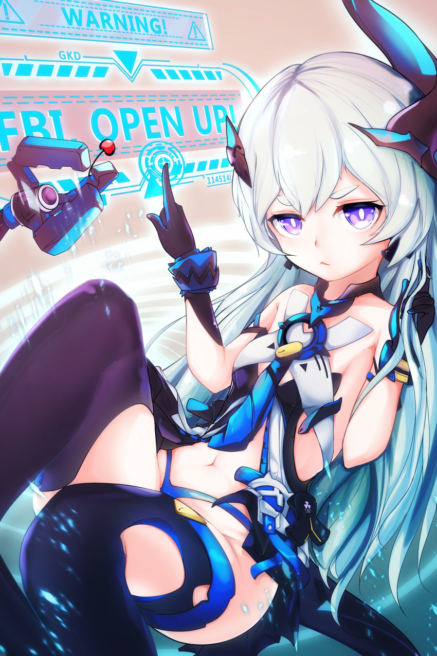 1girl absurdres black_gloves black_legwear blue_hair blue_panties breasts cherry choker commentary_request food fruit gloves hair_ribbon hand_in_hair highres honkai_(series) honkai_impact_3 liliya_olyenyey long_hair looking_at_viewer mao_jing mechanical_horns mechanical_tail midriff navel panties pointing ribbon small_breasts solo tail thigh-highs underwear violet_eyes